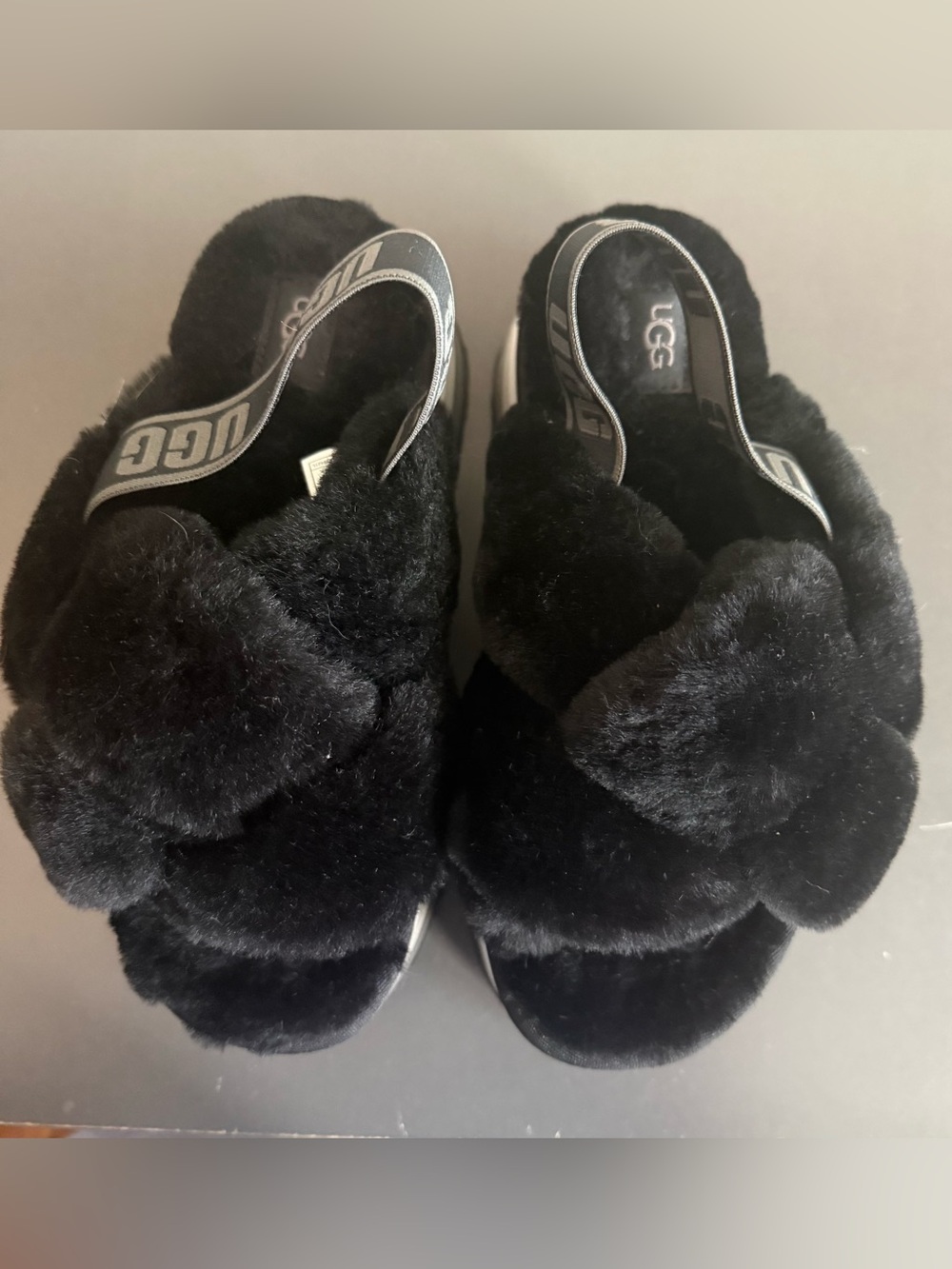 UGG Black Plush Crossband Slide Sandals